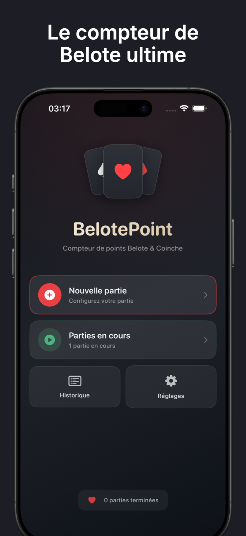 Compteur belote BelotePoint - écran d'accueil avec score en temps réel
