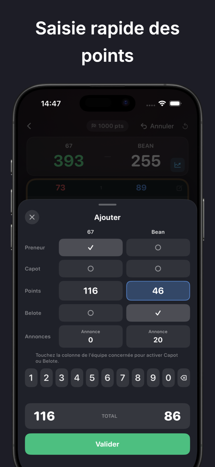 Écran de fin de partie belote avec résultats et statistiques